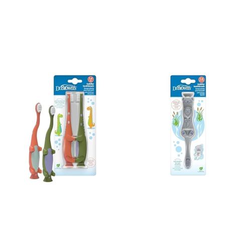 Dr. Brown's Baby and Toddler Toothbrush, Green and Orange Dinosaur 2-Pack and Otter 1-Pack, 1-4 Years