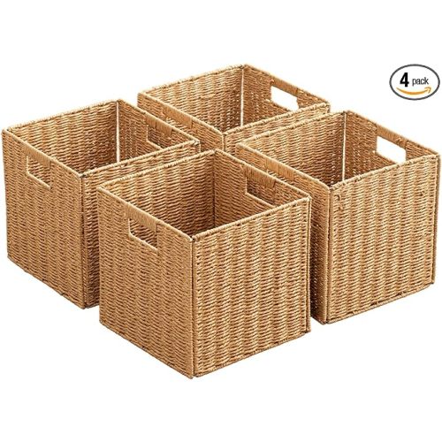 Foldable Storage Baskets with Handles Paper Rope Storage Baskets Rectangle Collapsible Hand Woven Storage Cubes Bins for Organizing Shelves Living Room Bedroom Pantry (4, 11'' x 11'' x 11'')