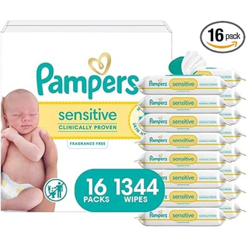 Pampers Baby Wipes, Sensitive, Water Based Wipe, Clinically Proven, Hypoallergenic, and Unscented for Babies, 1344 Wipes Total (16 Flip-Top Packs) [Packaging May Vary]