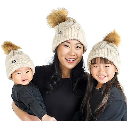 Funky Junque Mommy and Me Matching Pom Pom Beanie Set, Knit Hats for Women and Kids