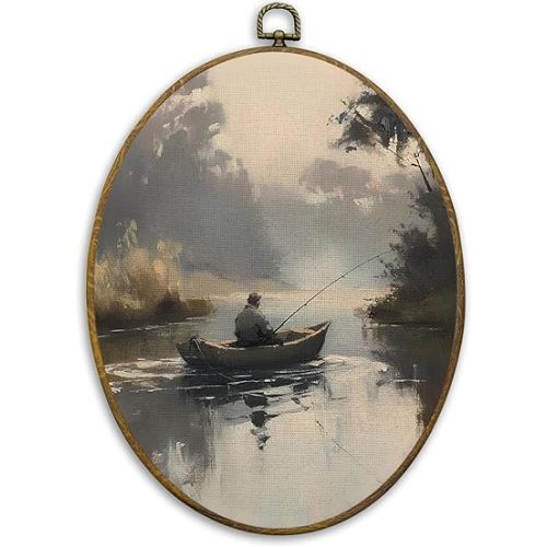 CUANFDDSF Vintage Fishing Oval Wall Art Decor, Rustic Fisherman Wall Hanging Decor, Farmhouse Countryside Landscape Fisherman Framed Canvas Prints for Home Bedroom Living Room, 8.6x11.4 Inch