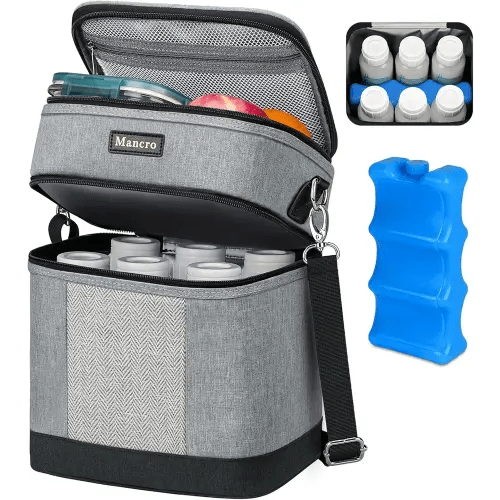 Mancro Breast Milk Cooler Bag for Travel with Ice Pack, Double Layer Insulated Baby Bottle Bag with Shoulder Strap for Daycare and Nursing Moms,Fit 6 Baby Bottles up to 9 Ounces, Grey