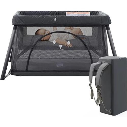 Travel Crib,3 in 1 Portable Crib for Baby, Lightweight Pack and Play for Babies and Toddler, Foldable Travel Baby Playpen with Comfortable Mattress and Carry Bag(Dark Grey)