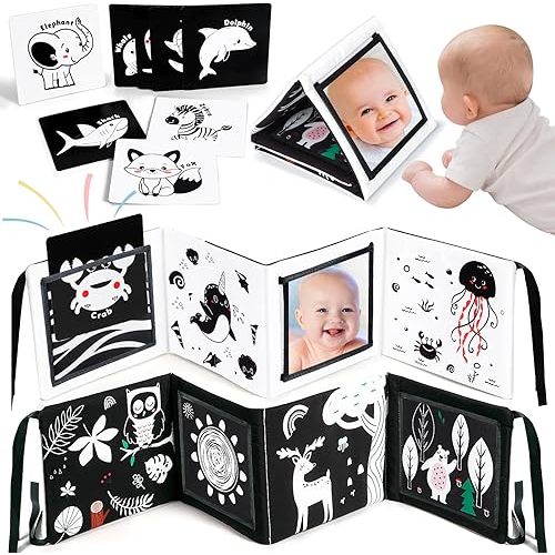URMYWO Black and White Baby Toys, Tummy Time High Contrast Newborn Toys 0-3 Months, Baby Boy Girl Gifts, Visual Stimulation Learning Activity Cards, Soft Baby Book, Montessori Infant Toys 0-12 Months