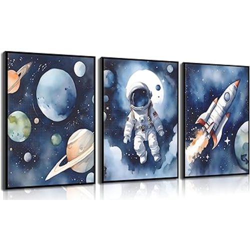 3Pcs Nursery Astronaut Wall Art Kids Space Planets Theme Canvas Painting Rocket Spaceman Wall Decor Explore Dream Galaxy Poster Prints Funny Outer Space Picture for Boys child Bedroom Living Unframed