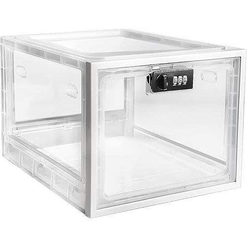 Medicine Box with Combination Locker,Lock boxes for Medication Safe Storage Cabinet, Large Lockable Box for Food,Snacks,Phone Jail,Refrigerator Container,Organizer Safety Lockbox (Clear + white)
