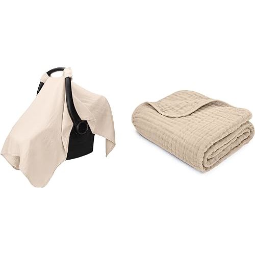 Baby Car Seat Cover and Muslin Baby Blanket Bundled by Comfy Cubs