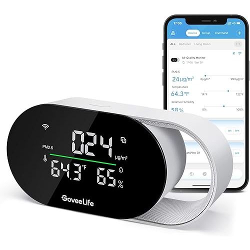 GoveeLife Smart Air Quality Monitor with PM2.5, WiFi, Temperature & Humidity Sensors, LED Display, 2s Refresh, 2-Year Data Storage, for Home & Office Wired