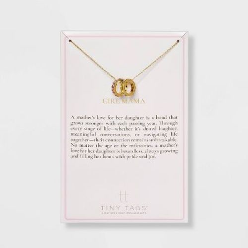 Tiny Tags 14K Gold Ion Plated Rhinestone Girl Mama Circle Pendant Necklace - Gold/Pink