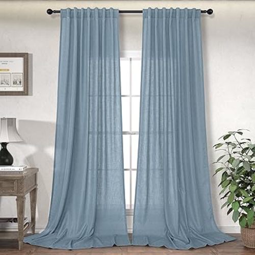 Blue Grey Curtains 96 Inches Long for Living Room Dining 2 Panels Back Tab Loop Pocket Drapes Casual Linen Textured Semi Sheer Gray Blue Curtains for Bedroom Beach Coastal Decor Dusty Blue 8 FT 52x96