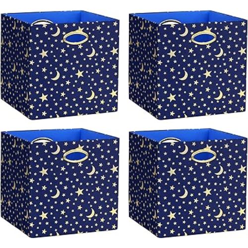 11x11 Cube Storage Bins, Collapsible Storage Bins Fabric Storage Cubes Organizer Baskets Box Drawers for Shelves, Closet, Wardrobe, Bookshelf, Cabinet, 4 Pack, Navy Blue/Gold