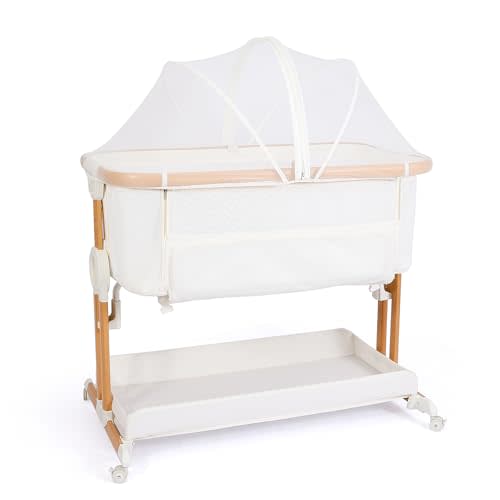 bicystar Baby Bassinet Bedside Sleeper 2 in 1 with Wheels, Arms Reach Co Sleeper Breathable All Mesh with Mattress, Incline Option, 5 Adjustable Heights for Newborn to 6 Months Infant