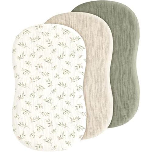 Baby Muslin Bassinet Sheets 3 Pack for Boys & Girls, Soft Breathable Cotton Bassinet Mattress Cover, Universal Fit for Hourglass, Oval, and Rectangle Mattress (Spring Meadow)