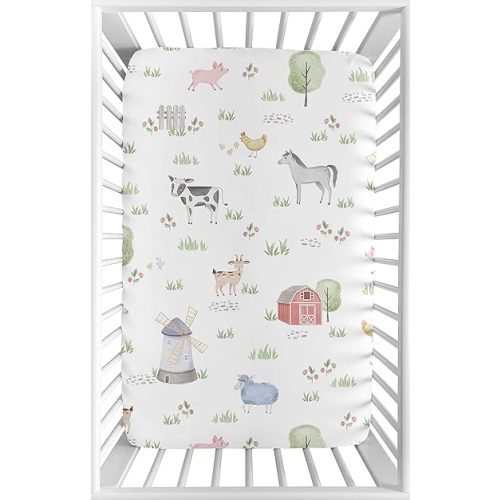 Sweet Jojo Designs Farm Animals Boy or Girl Fitted Mini Crib Sheet Baby Nursery for Portable Crib or Pack and Play - Watercolor Farmhouse Horse Cow Sheep Pig