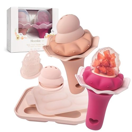 Moonkie Baby Fruit Feeder with Freezer Tray, BPA Free Silicone Food Feeder for Infant Self Feeding, Breastmilk Popsicle Molds, Mesh Feeder with Two Pouches, Baby Shower Gifts 4 Months+, 2 Pack