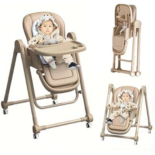 High Chairs for Babies and Toddlers, Foldable Baby High Chair with Wheels, 8 Adjustable Height & 6-Position Backrest with 5 Point Harness and Double Removable Tray