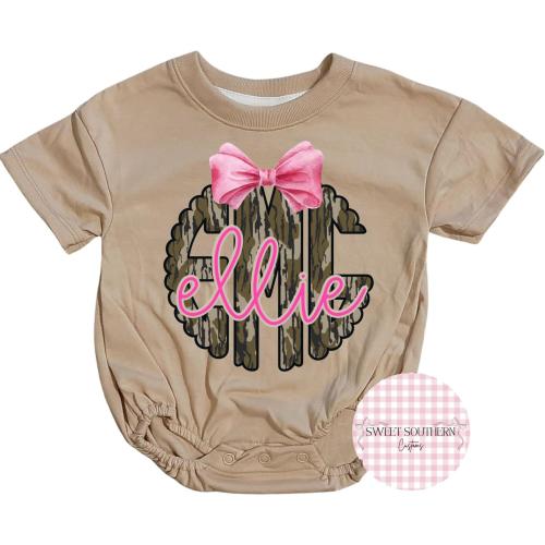 Personalized Camo Baby Romper with Pink Bow – Monogram Bodysuit Outfit