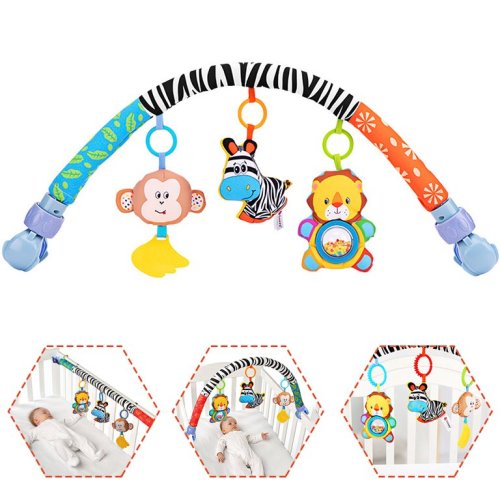 2 in1 Baby Crib Mobiles Bed Stroller Carriage Bar/Crib Accessory,Cloth Animmal Toy and Pram Activity Bar with Rattle/Squeak/Teethers