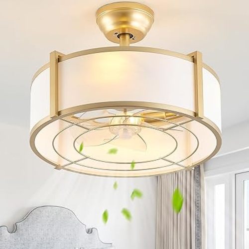 20" Gold Fandelier Ceiling Fans with Lights, Boho Rattan Chandelier Ceiling Fan with Light Remote Control, Mid-Century Modern Caged with 6 Speeds for Bedroom, Nursery