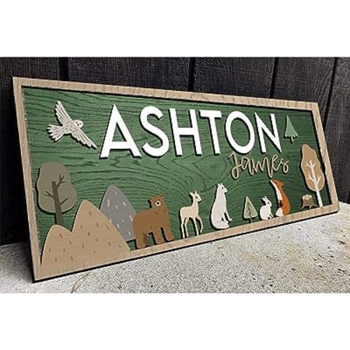 Woodland Animal Nursery Decor, Custom Name Sign for Baby Room, Personalized Kids Wall Art, Rustic Forest Theme Nursery Gift for Boys or Girls