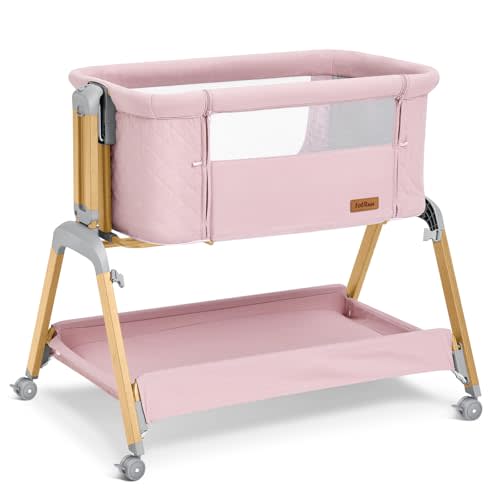 TotRun Bassinet Bedside Sleeper, Rocking Bassinets with Comfy Mattress and Wheels for Newborn, 5-Height Adjustable (Pink)