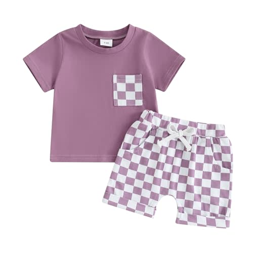 Karuedoo Baby Boy Girl Summer Outfits Checkered Plaid Short Sleeve T-Shirt Top Shorts Set Trendy Toddler Checkerboard Outfit