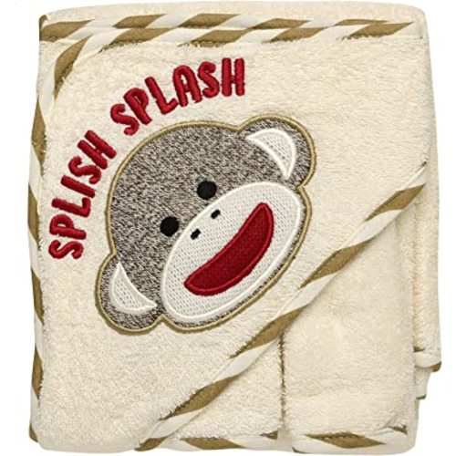 Baby Starters Embroidered 3 Piece Hooded Bath Towel and Washcloth Set (Sock Monkey, Ivory)