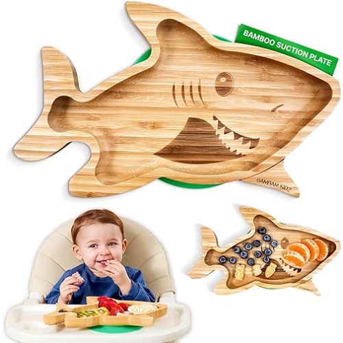 Bamboo Suction Plates for Baby - Strong Suction Plates for Toddlers - Non-toxic All Natural Eco Friendly Materials - Shark