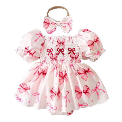 Baby Girl Rompers Short Sleeve Bowknot Prints Cute Bodysuits Dress Headbands Set Short Sleeve Onesies Girl Red