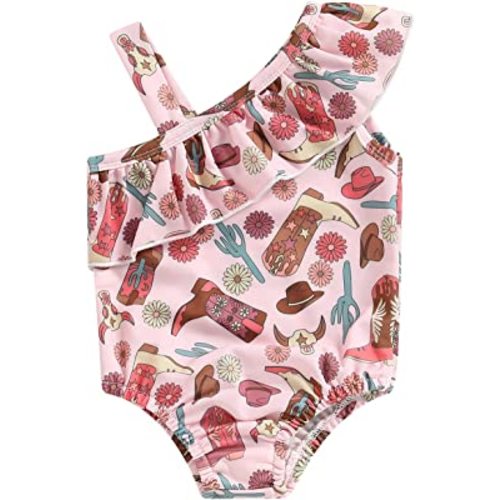 Western Toddler Baby Girl Swimsuit Cow Print Swimwear Ruffle One Piece Bathing Suit Cute Cowgirl Set