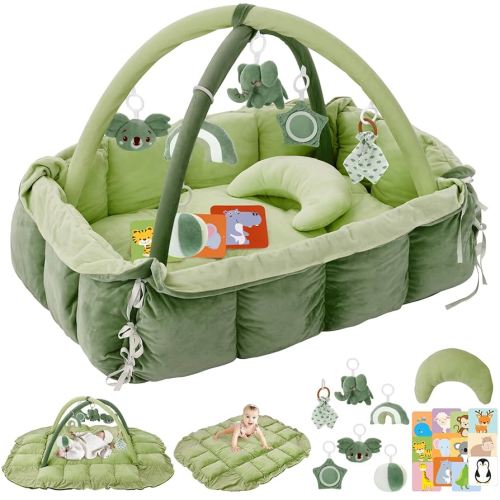 5-in-1 Plush Baby Play Gym, Baby Play Mats, Convertible Baby Gym with Pillow, Tummy time mat, Baby&Ped Bed, 6 Sensory Toys, Baby Activity Center from Newborn to Toddler, Cat&Dog Bed, Ball Pit, Green