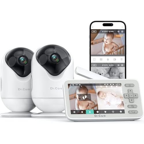 Dr.Care VistaView Lite Smart WiFi Baby Monitor with 2 Cameras- 4” 720P Split Screen & 1080P Camera App Control, Motion Alerts, Night Vision, 3000mAh Battery, 2-Way Talk, Triple Security, 1000ft Range