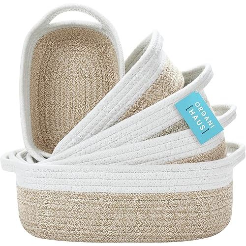 OrganiHaus Set of 5 Rectangle Storage Baskets for Organizing, Small Rope Baskets for Storage, Bathroom Baskets for Organizing, Nursery Storage Basket, Small Baskets for Organizing - Honey/White