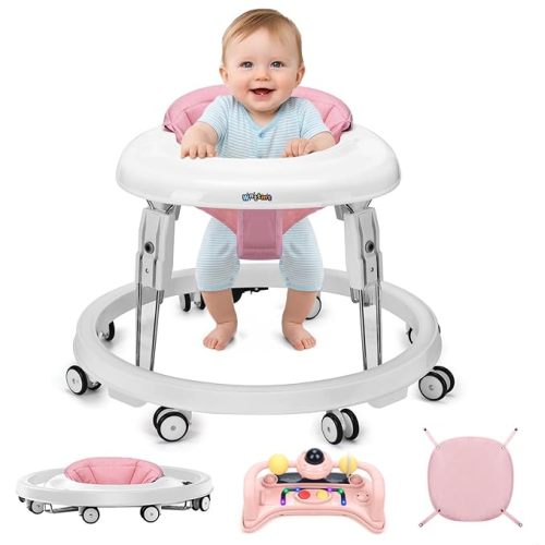 Baby Walker with Wheels, One-Touch Folding Baby Walkers with Height Adjustment, Large Dinner Plate and Brake, Portable Walker for Baby Boy Girls 6-18 Months, Light Pink