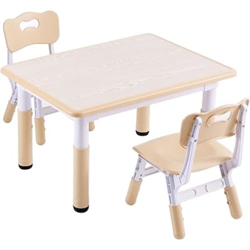 Kids Table and 2 Chairs Set, Height-Adjustable Toddler Table and Chair Set with Graffiti Desktop, 31.5''L x 23.6''W Children Activity Table for Daycare, Classroom, Home