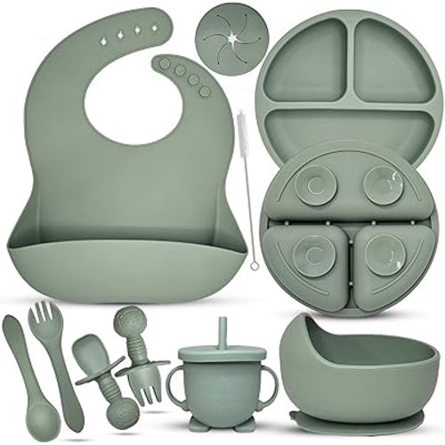 Baby Led Weaning Supplies, 10pc Set (Army Green) [Silicone Feeding Set: Plate, Bowl, Adjustable Bib, Sippy Cup, Spoons, Forks]