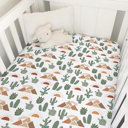 Boho Western Cactus Desert Baby Crib Sheets for Boy Girl Watercolor Southwest Mountain Sun Soft Snug Fitted Crib Mattress Covers for 52''x28'' Standard Crib & Toddler Mattress Wild West Baby Sheets