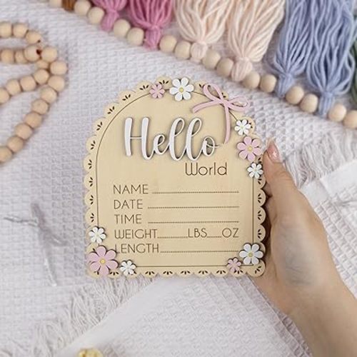 Baby Announcement Sign with Stand & Marker – Hello World Wooden Name Plaque for Newborn Photoshoot, Baby Shower, Rustic Keepsake Birth Stat Sign for Hospital Birth Announcement (Daisy)