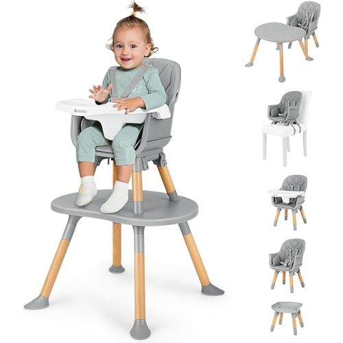 Ezebaby Baby High Chair, 8 in 1 Convertible High Chairs to Booster Seat/Toddler Chair/Table and Chair Set, Wooden High Chair with Adjustable Tray & PU Cushion(Grey)