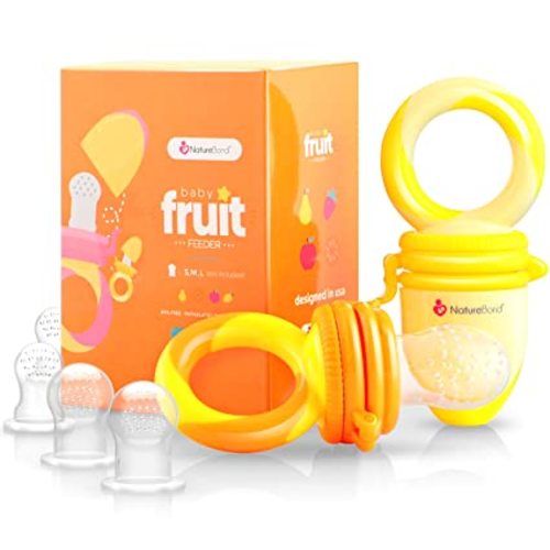 NatureBond Baby Food Feeder/Fruit Feeder Pacifier Nibbler (2 Pack) - Infant Teething Toy Teether Weaning in Appetizing Colors | + Additional Silicone Sacs - Sunshine Orange and Lemonade Yellow