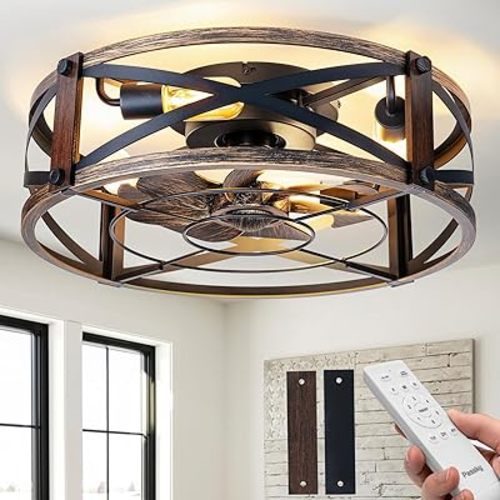 Passky 20" Farmhouse Flush Mount Ceiling Fans with Lights and Remote, Industrial Black Caged Low Profile Fandelier, 6 Speeds Bladeless Ceiling Fan for Bedroom, Kitchen, Living Room