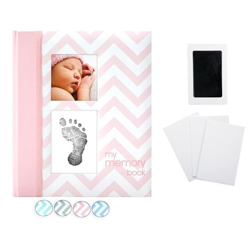Pearhead Baby Memory Book, First 5 Years Baby Milestone Book, Pregnancy Journal, Gender Neutral Newborn Keepsake, With Clean-Touch Ink Pad For Baby's Handprint or Footprint, Pink Chevron - Pink Chevron Babybook