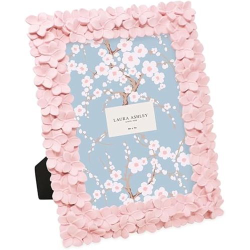 Laura Ashley 5x7 Pink Flower Textured Hand-Crafted Resin Picture Frame with Easel & Hook for Tabletop & Wall Display, Decorative Floral Design Home Décor, Photo Gallery, Art, More (5x7, Pink)