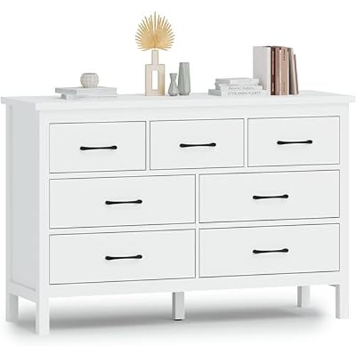 JOZZBY White Dresser for Bedroom with 7 Drawers, Modern Deep Drawer Dresser with Golden Handles, Wooden Storage Organizer Chest of Drawers for Office, Hallway