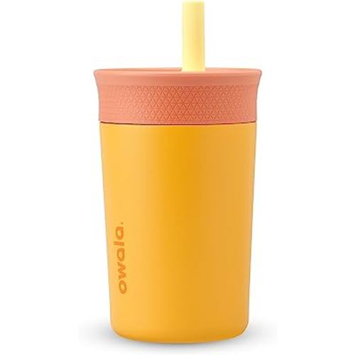 Owala Kids Insulation Stainless Steel Tumbler with Spill Resistant Flexible Straw, Easy to Clean, Kids Water Bottle, Great for Travel, Dishwasher Safe, 12 Oz, Peach and Yellow (Picnic)