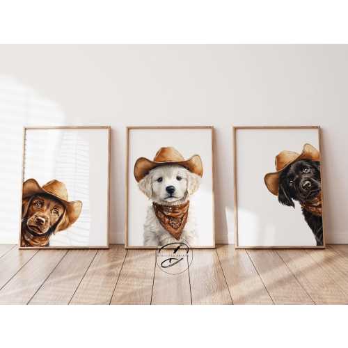 Peeking Labrador Nursery prints, Cowboy Puppies wall art, Kids Farm bedroom wall decor, Watercolour Puppy prints, Western nursery decor