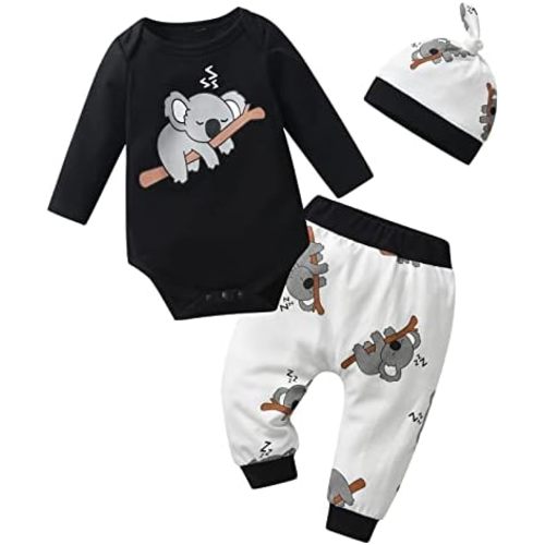 Newborn Infant Baby Boy Clothes Print Long Sleeve Bodysuit + Pants + Hat 3 PCS Outfits Set
