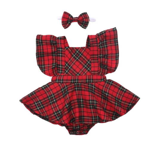 Bagilaanoe Newborn Baby Girl Christmas Rompers Dress Plaid Sleeveless Ruffles Bodysuit + Headband 6M 12M 18M 24M Infant One Piece Jumpsuit