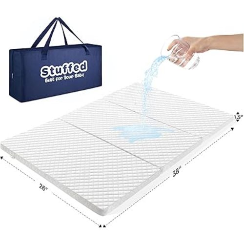Stuffed®️ Pack and Play Mattress (38 x 26 inch), Tri-fold Travel Pack n Play Mattresses, Protable Waterproof Mattress for Pack n Play, Mini Crib Mattress Nap Mat Foldable with Carry Bag