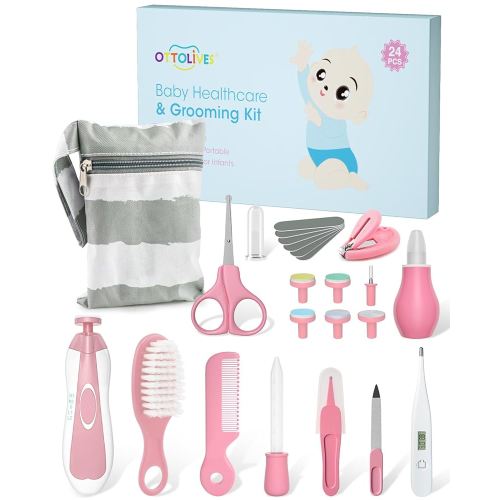 OTTOLIVES Baby Healthcare and Grooming Kit, 24 in 1 Baby Electric Nail Trimmer Set Newborn Nursery Health Care Set for Newborn Infant Toddlers Baby Boys Girls Kids Haircut Tools (0-3 Years+) (Pink)